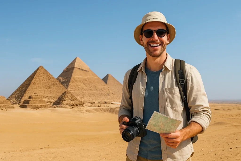 Tourists exploring the Pyramids of Giza – essential Egypt travel tips for first-time visitors.